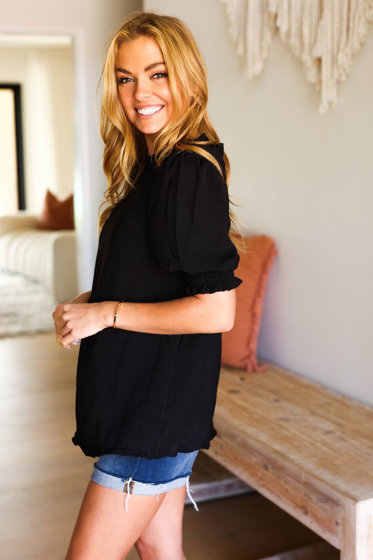 Back To Basics Black Frill Mock Neck Smocked Bubble Sleeve Top