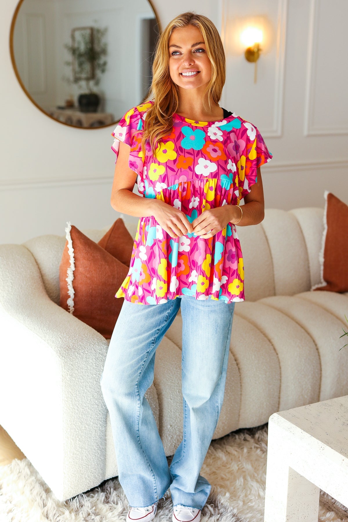 Out For Love Fuchsia Floral Print Ruffle Sleeve Babydoll Top