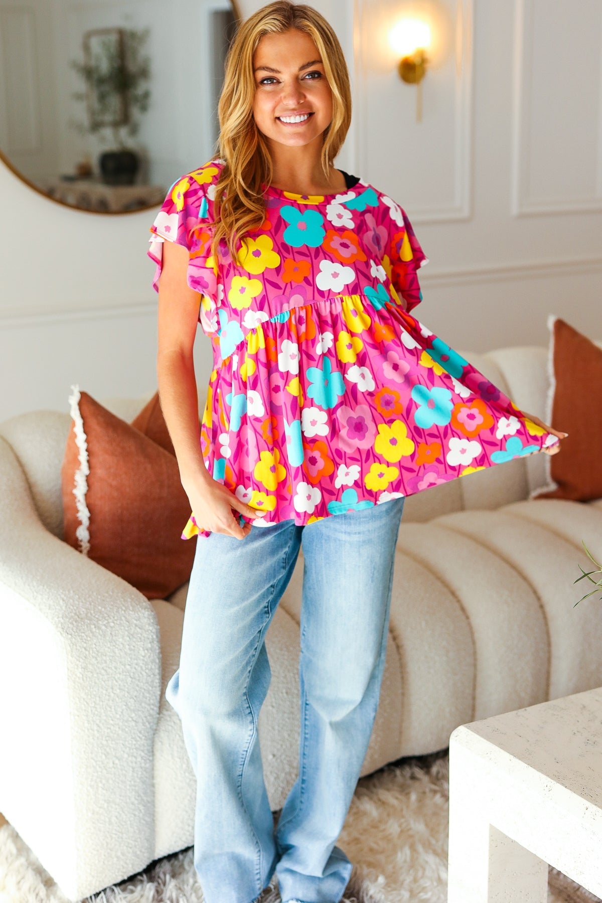 Out For Love Fuchsia Floral Print Ruffle Sleeve Babydoll Top