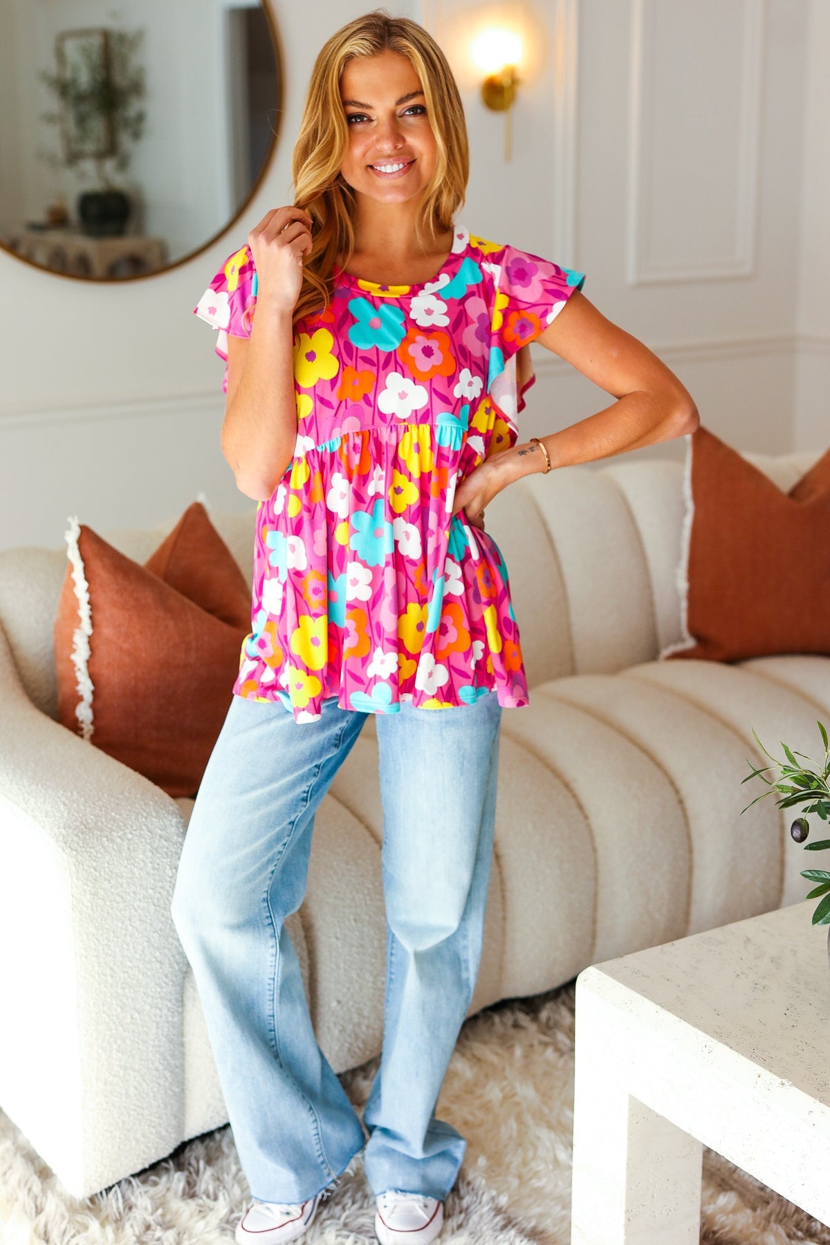 Out For Love Fuchsia Floral Print Ruffle Sleeve Babydoll Top