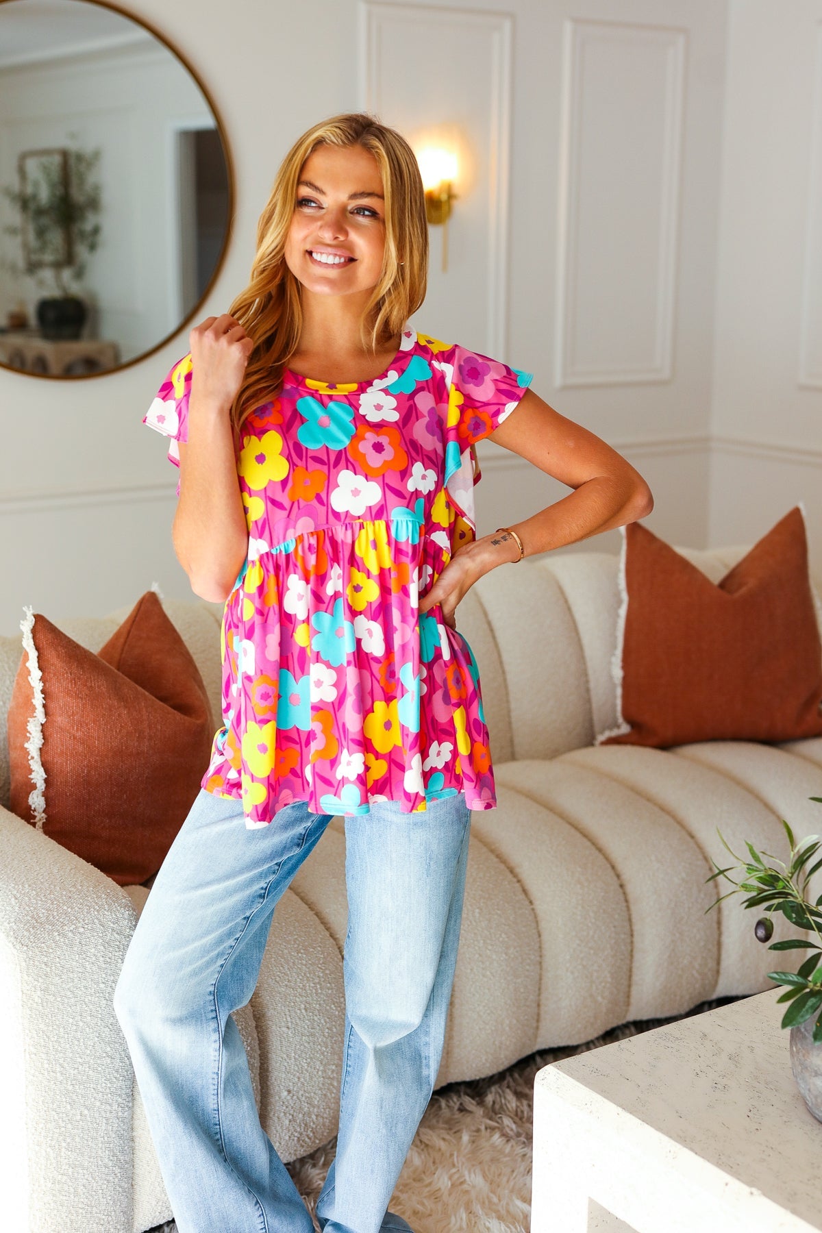 Out For Love Fuchsia Floral Print Ruffle Sleeve Babydoll Top