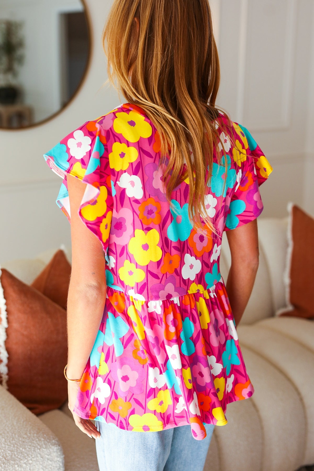 Out For Love Fuchsia Floral Print Ruffle Sleeve Babydoll Top