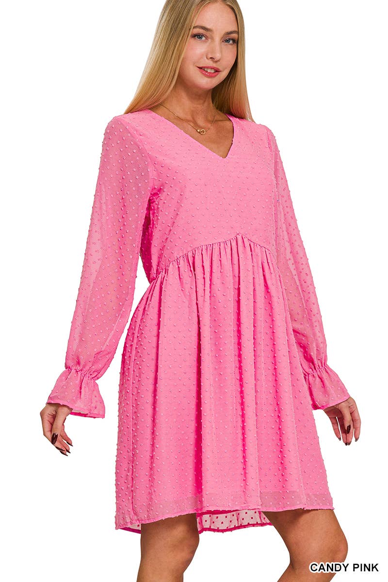 SWISS DOT LONG SLEEVE V-NECK DRESS / BLACK