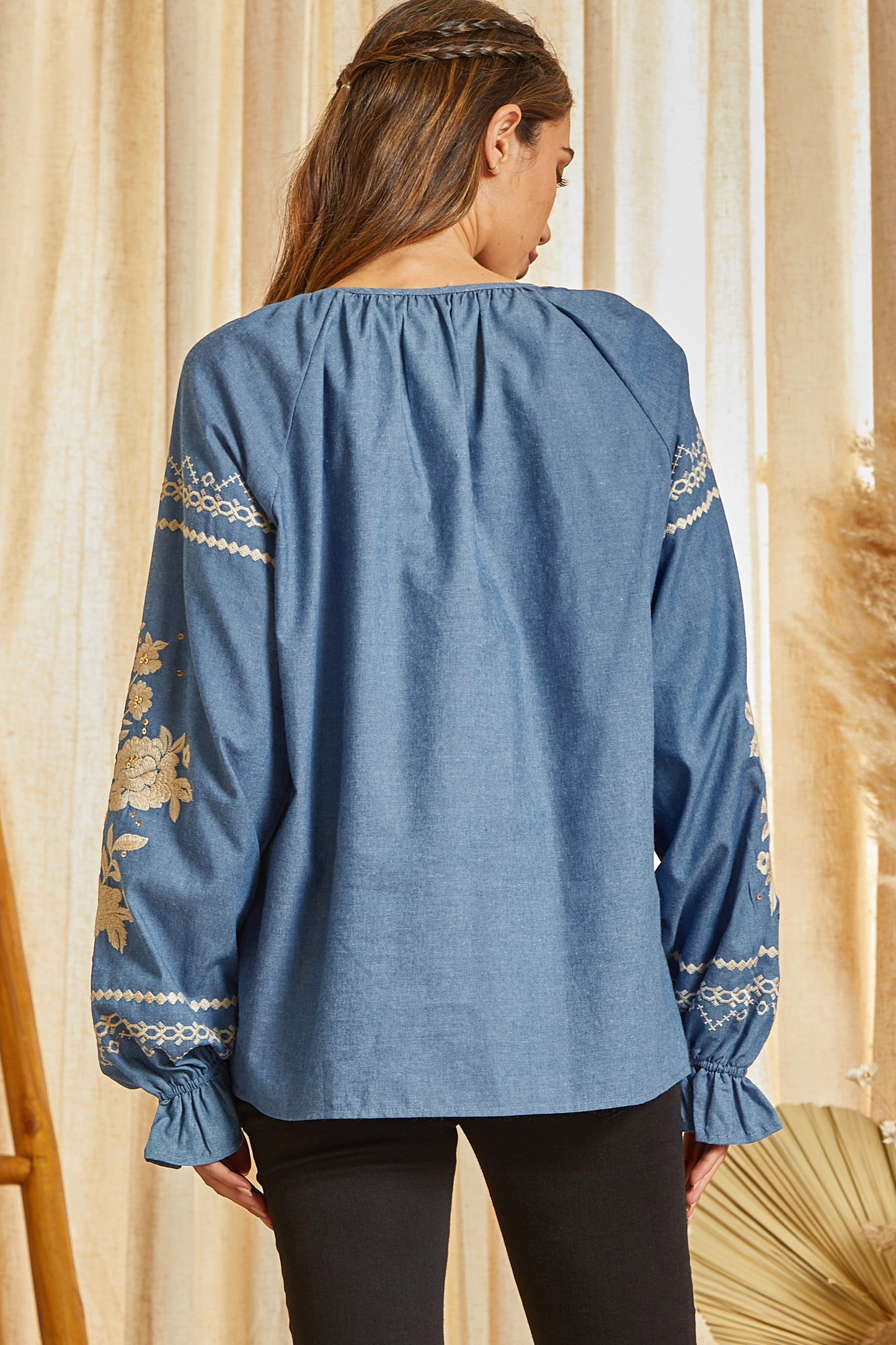 Embroidered Tunic Top: DENIM