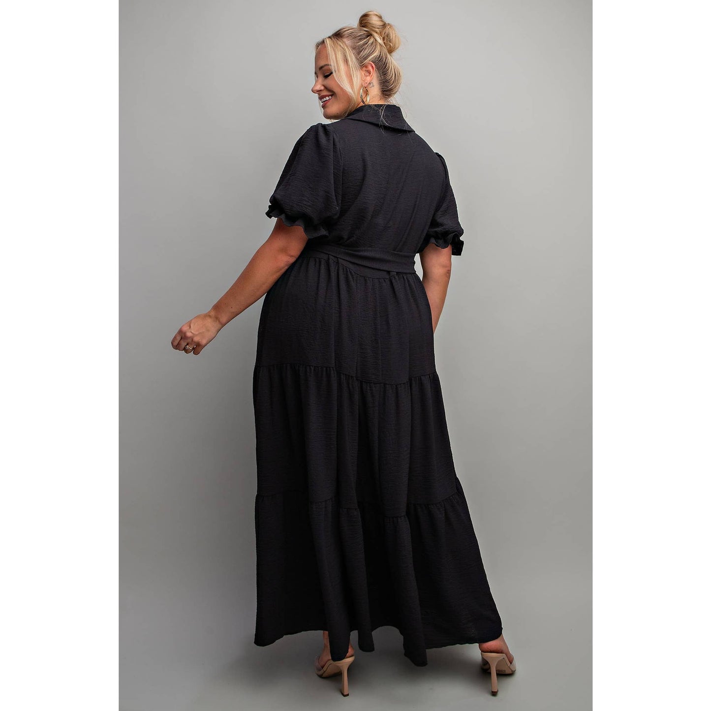 PLUS - BUTTON DOWN MAXI SHIRT DRESS: BLACK