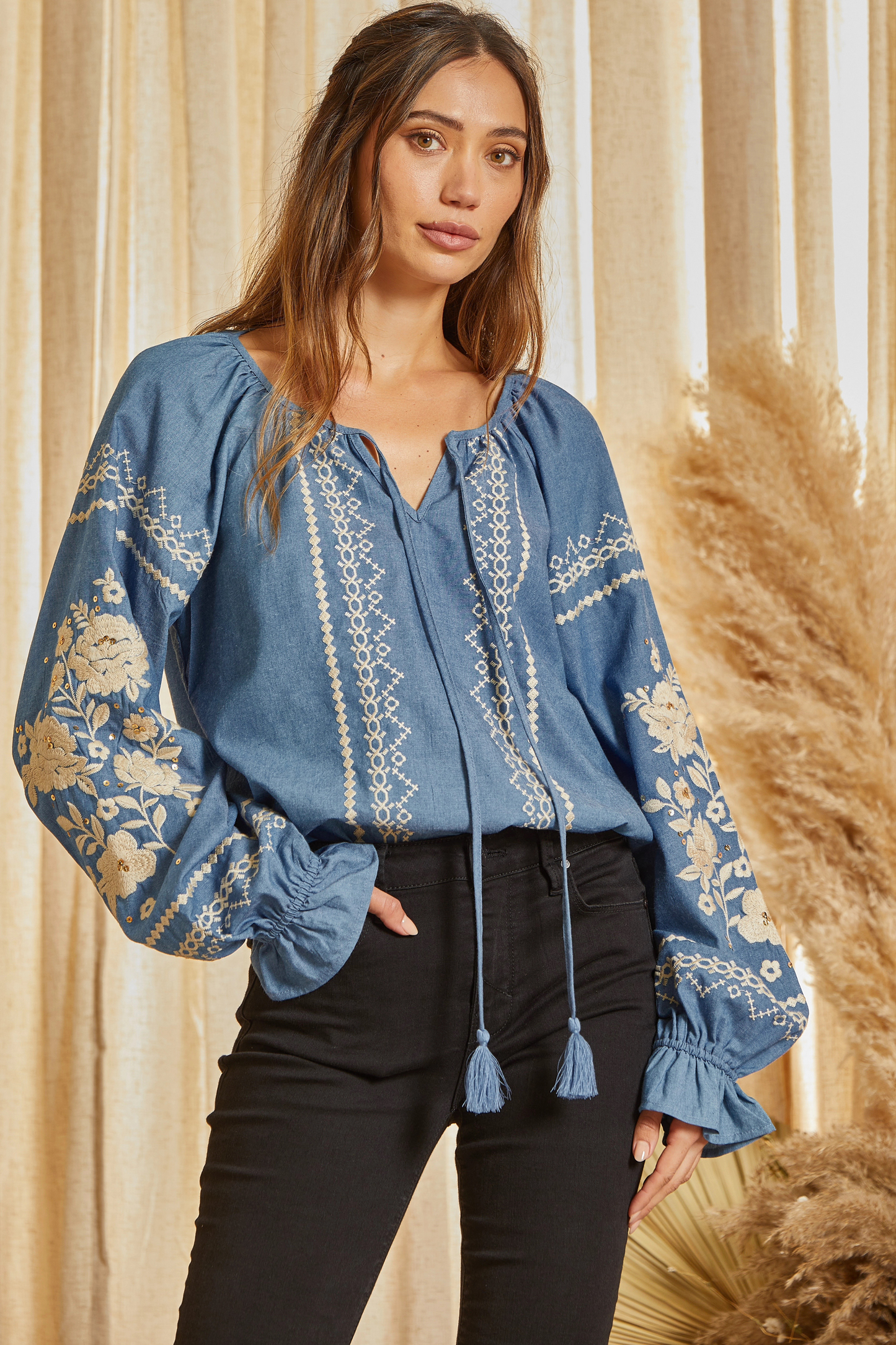 Embroidered Tunic Top: DENIM