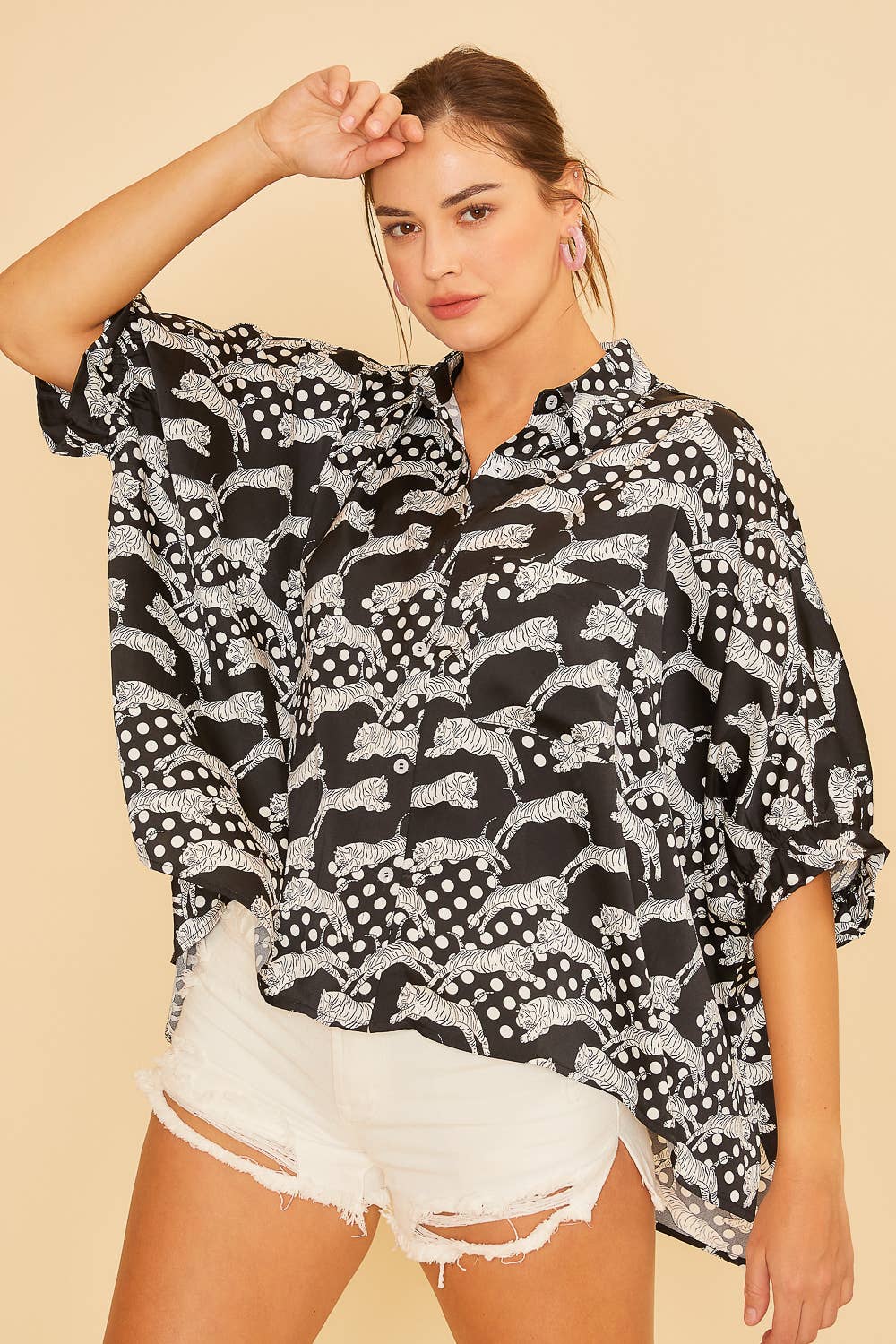 TIGER PRINTED OVERSIZED DROP SHOULDER WOVEN BLOUSE / BLACK