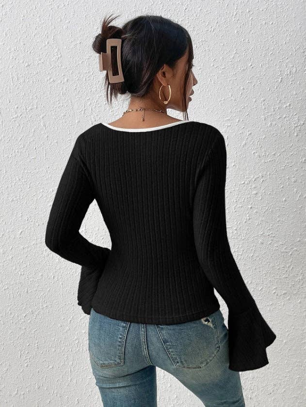 Sweetkama - Sweetkama Ladies Solid Square Collar Flounce Sleeves Top / Black