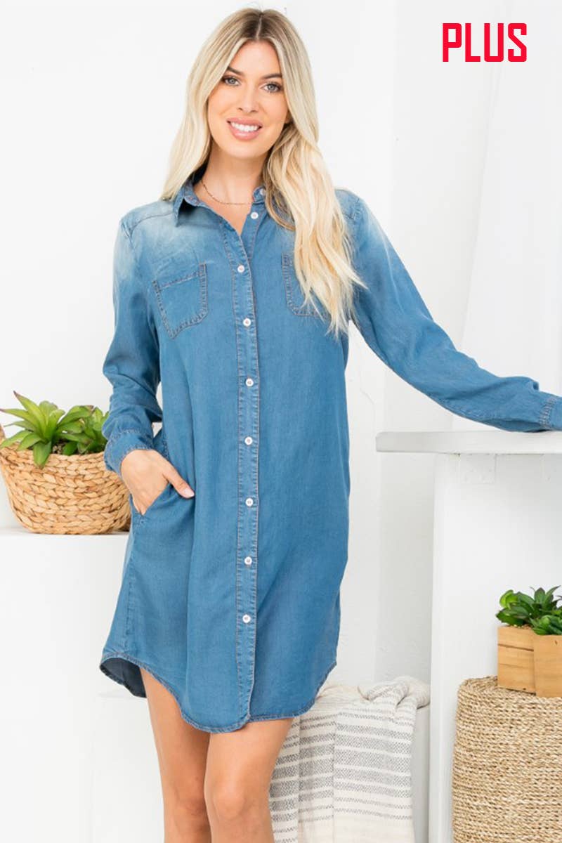 Washed Shirts Denim Plus Size Dress: DENIM