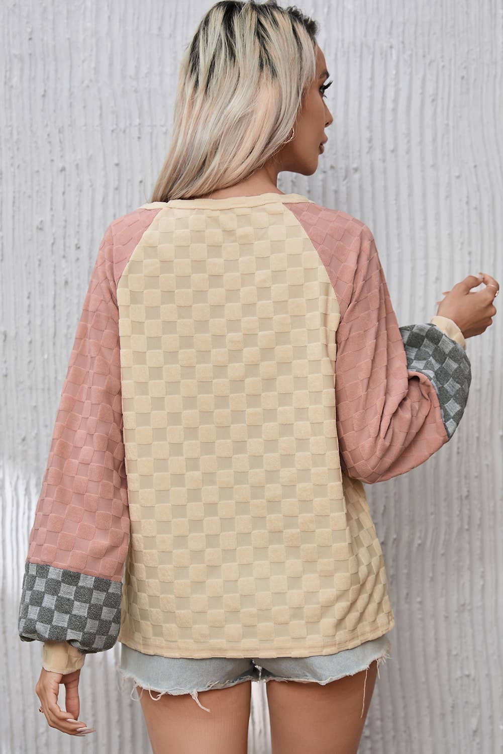 Parchment Patchwork Checked Pattern Lantern Sleeve Top