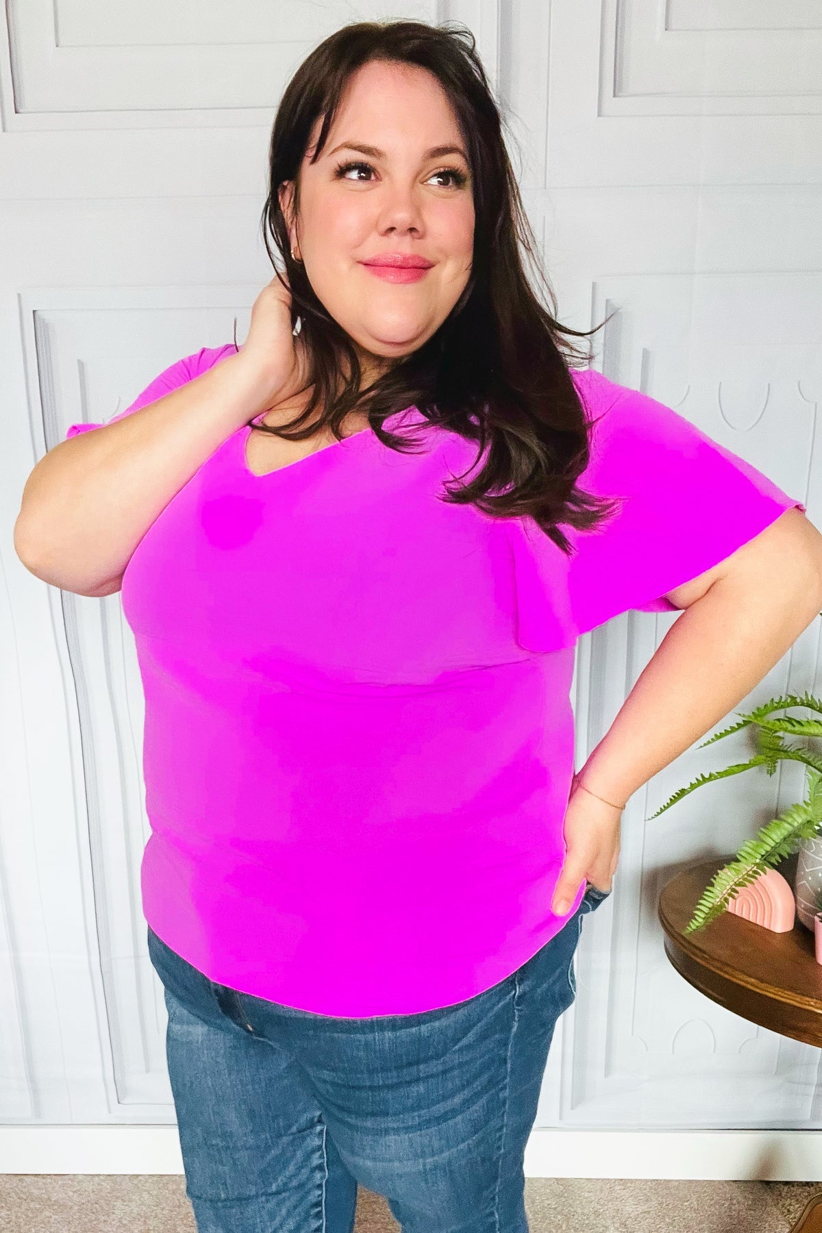 PLUS Keep Your Cool Bright Mauve Flutter Sleeve V Neck Top
