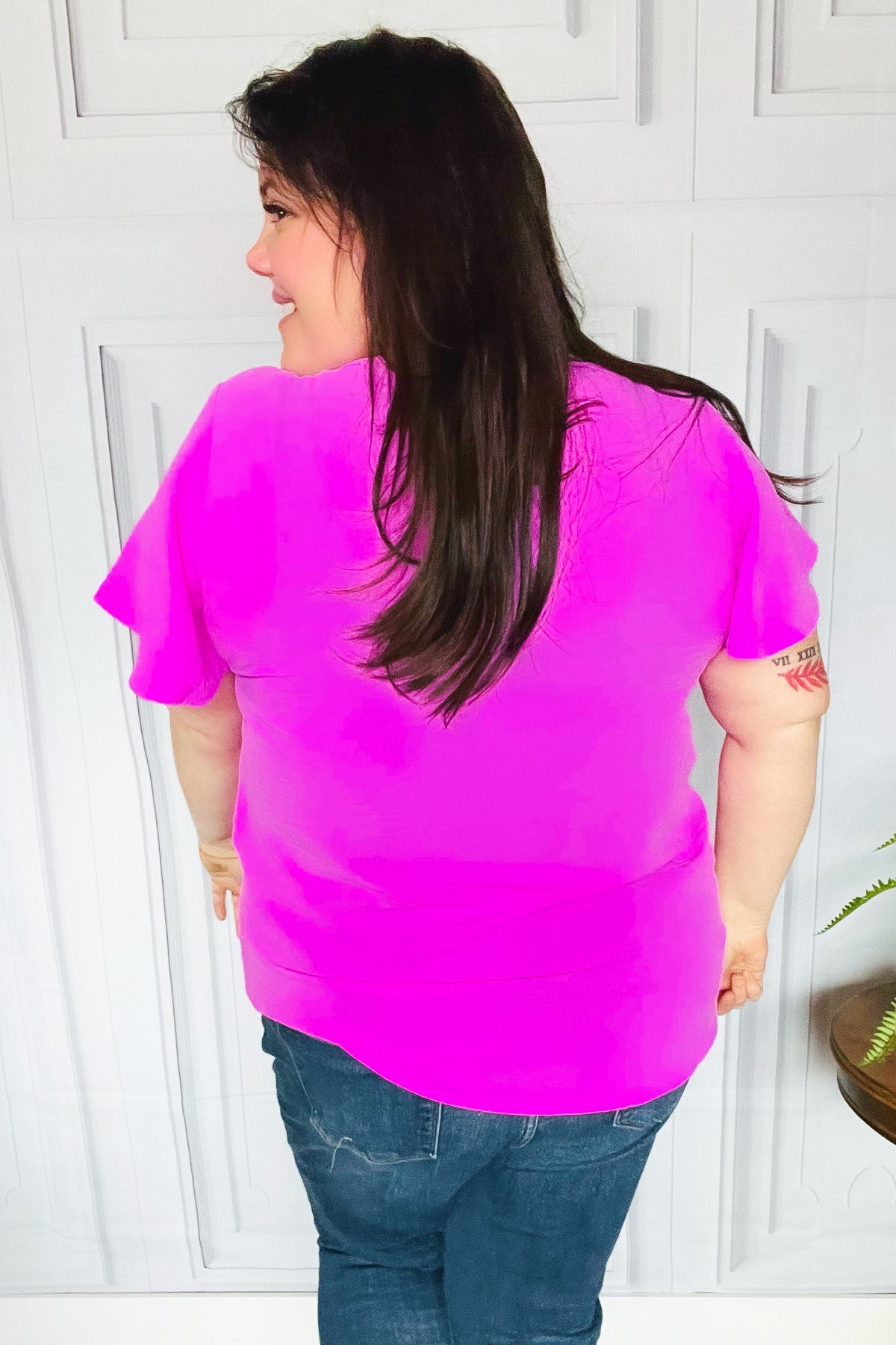 PLUS Keep Your Cool Bright Mauve Flutter Sleeve V Neck Top