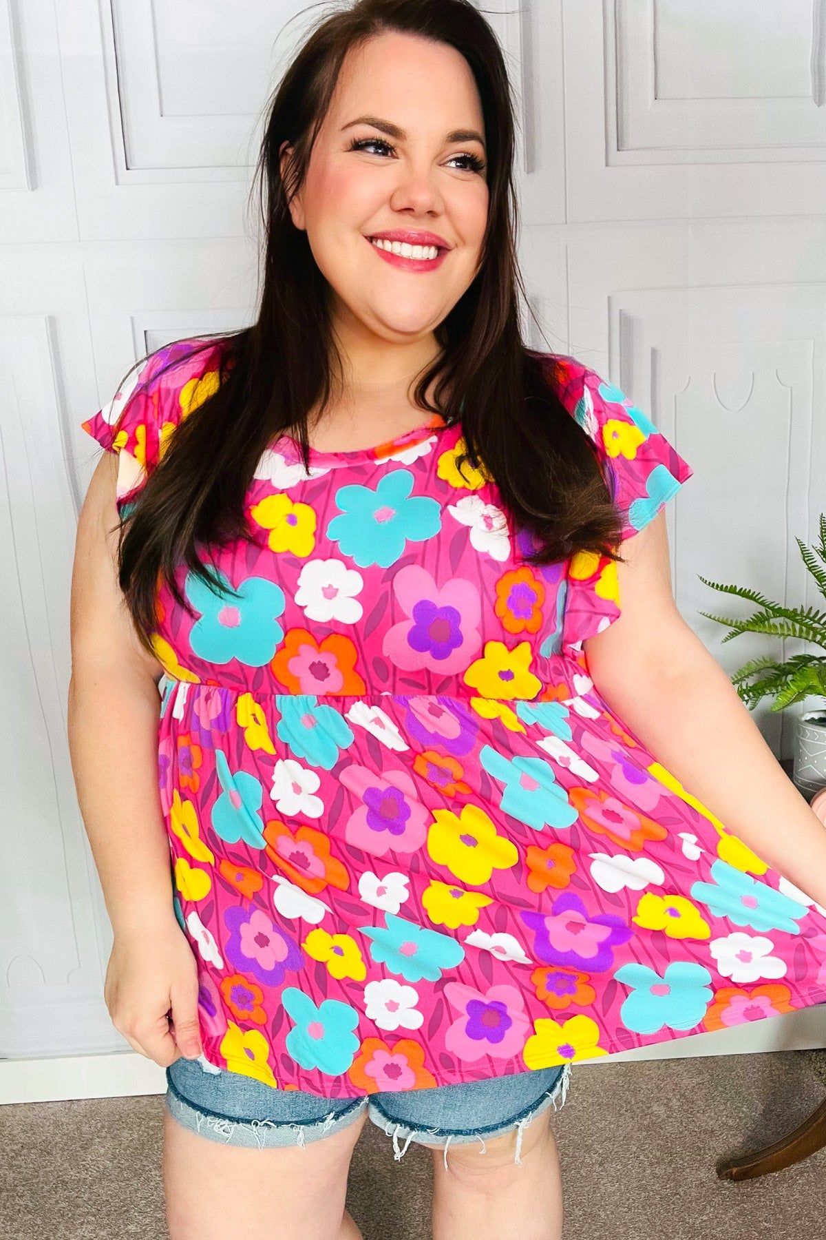 Out For Love Fuchsia Floral Print Ruffle Sleeve Babydoll Top