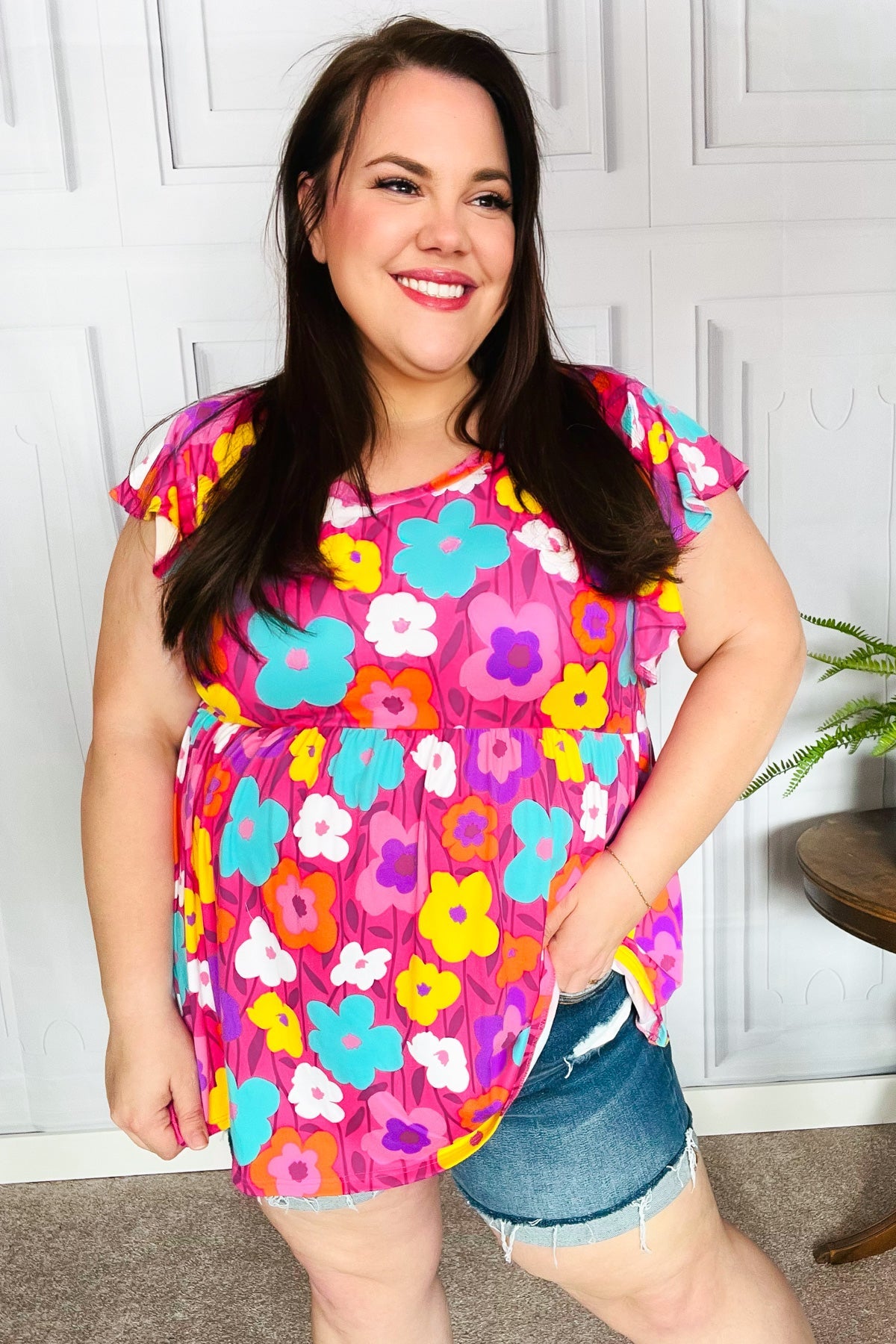 Out For Love Fuchsia Floral Print Ruffle Sleeve Babydoll Top