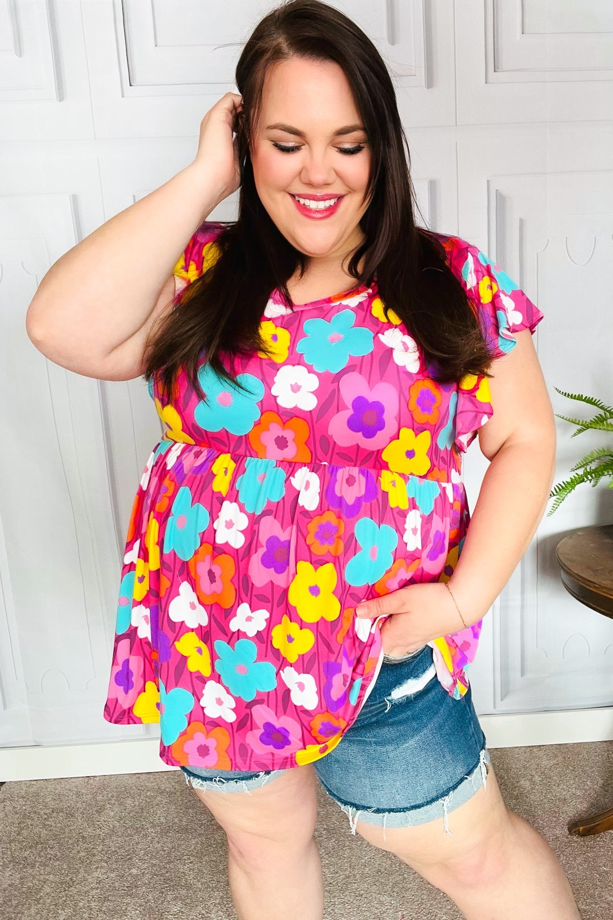 Out For Love Fuchsia Floral Print Ruffle Sleeve Babydoll Top