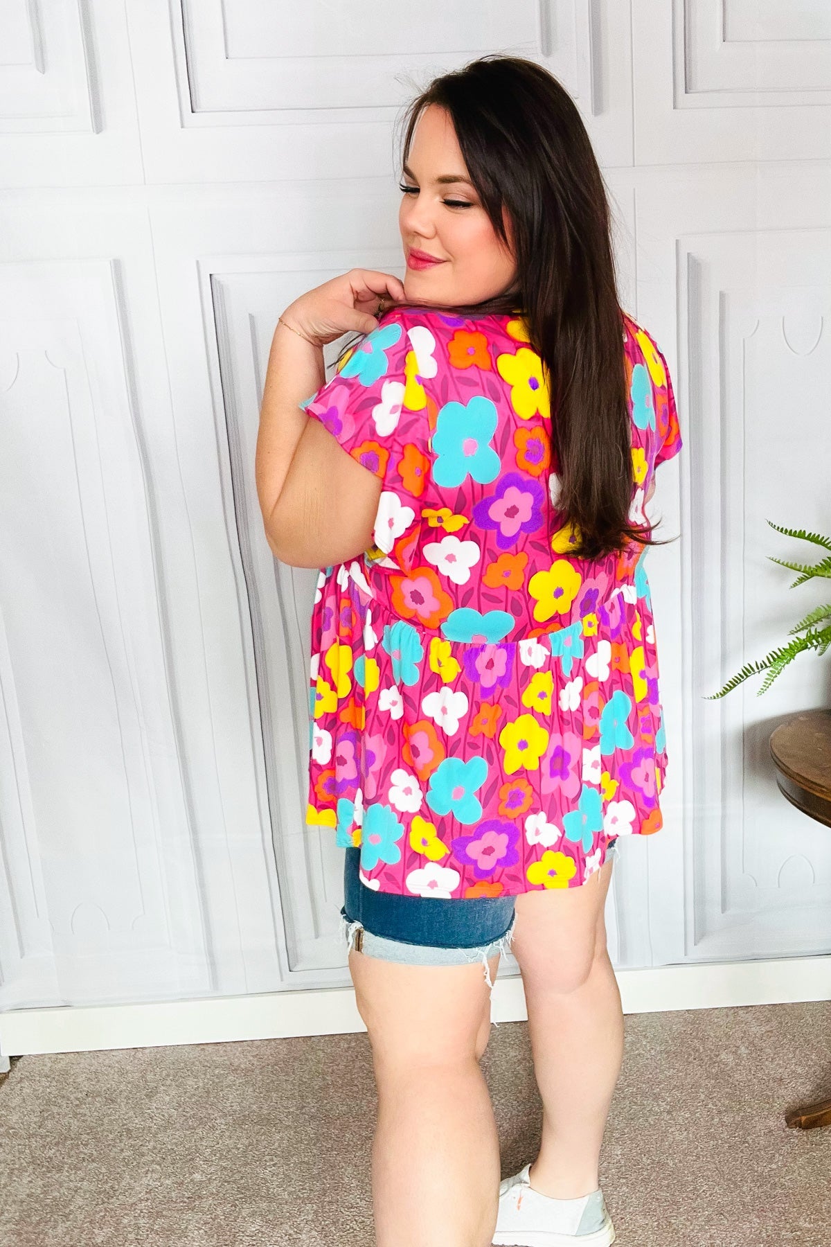 Out For Love Fuchsia Floral Print Ruffle Sleeve Babydoll Top