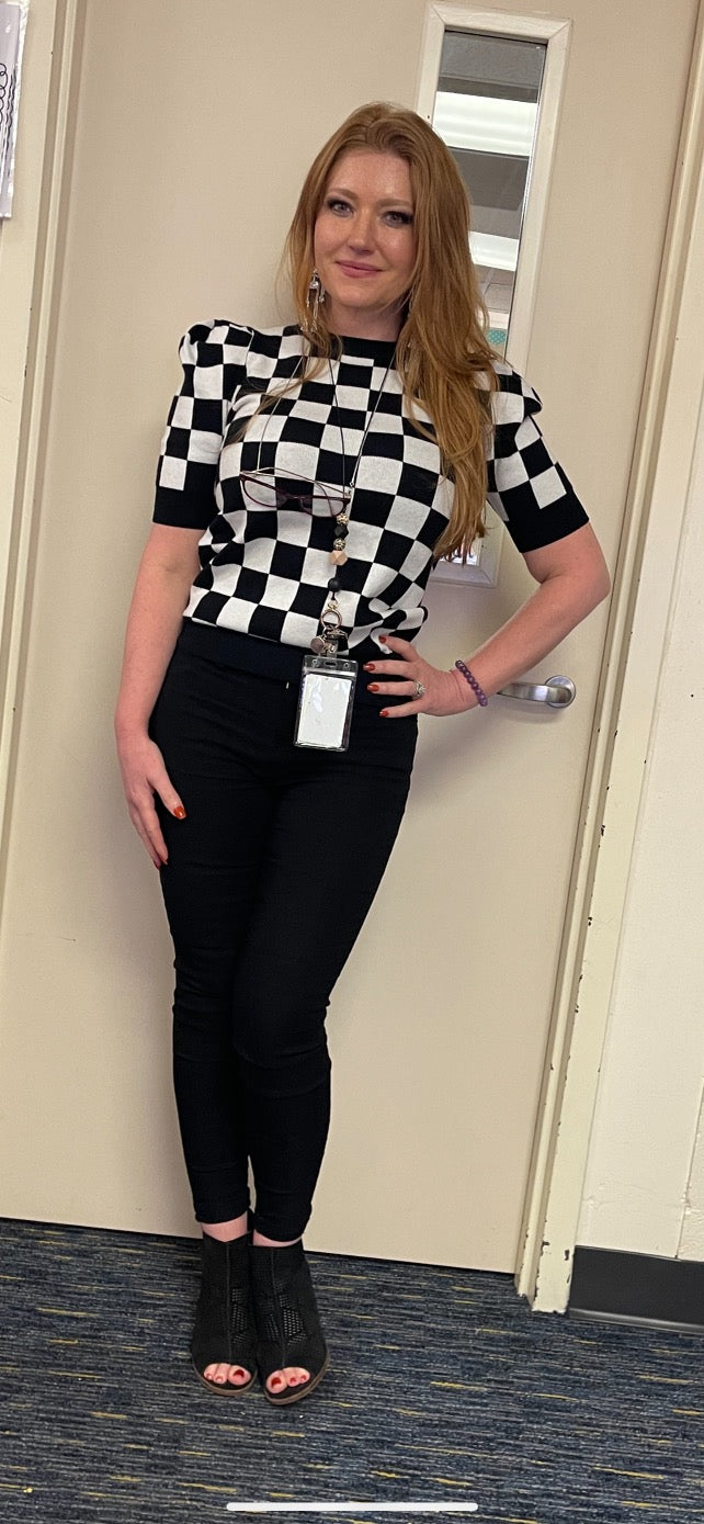 Crew Neck Puff Sleeve Checkerboard Sweater / Black