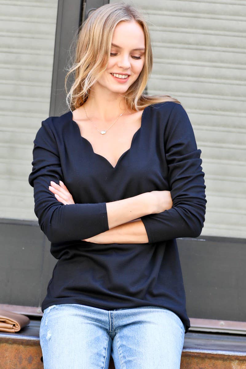 Wave Shape Solid Color Top/ BLACK