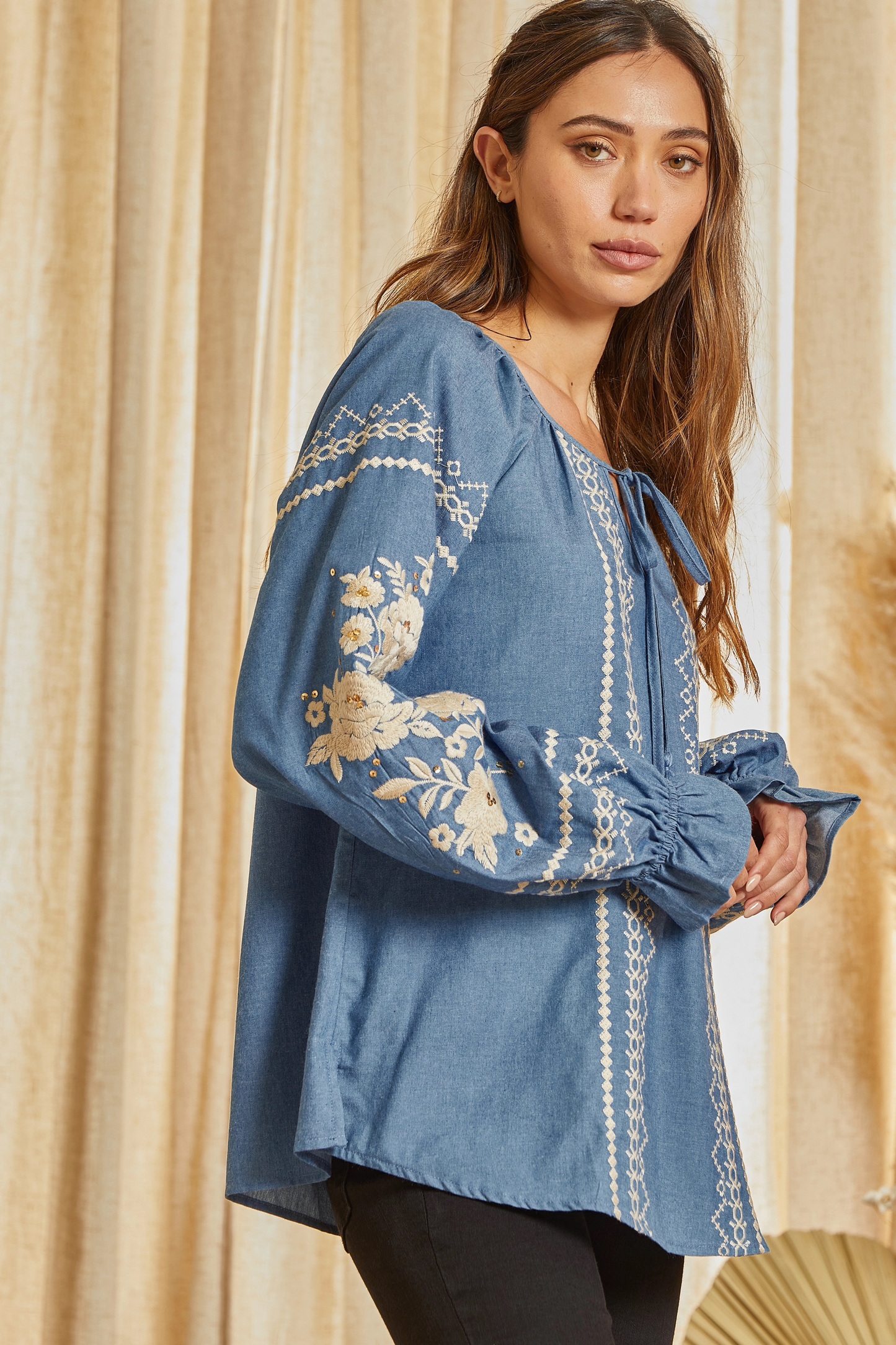 Embroidered Tunic Top: DENIM