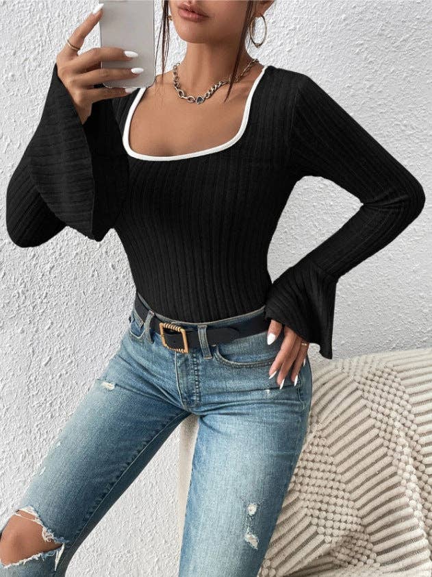 Sweetkama - Sweetkama Ladies Solid Square Collar Flounce Sleeves Top / Black