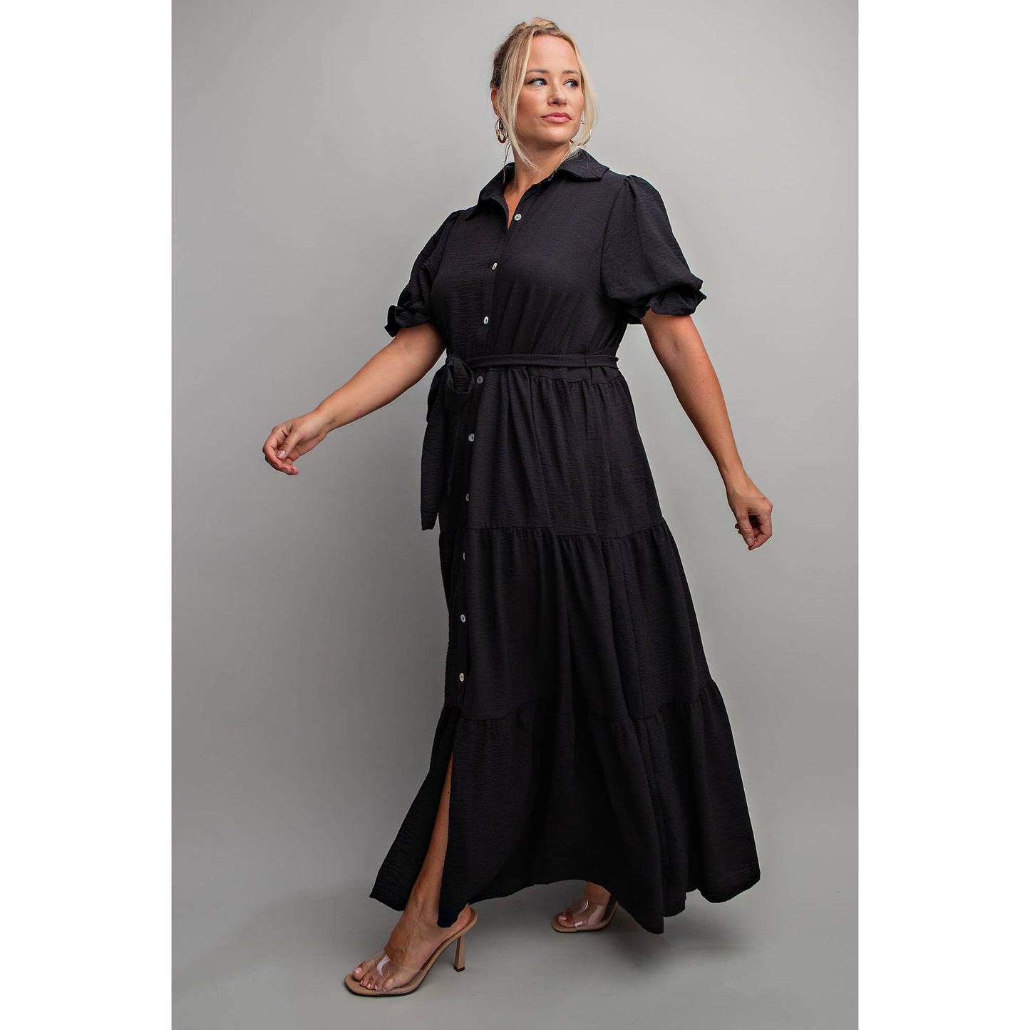 PLUS - BUTTON DOWN MAXI SHIRT DRESS: BLACK