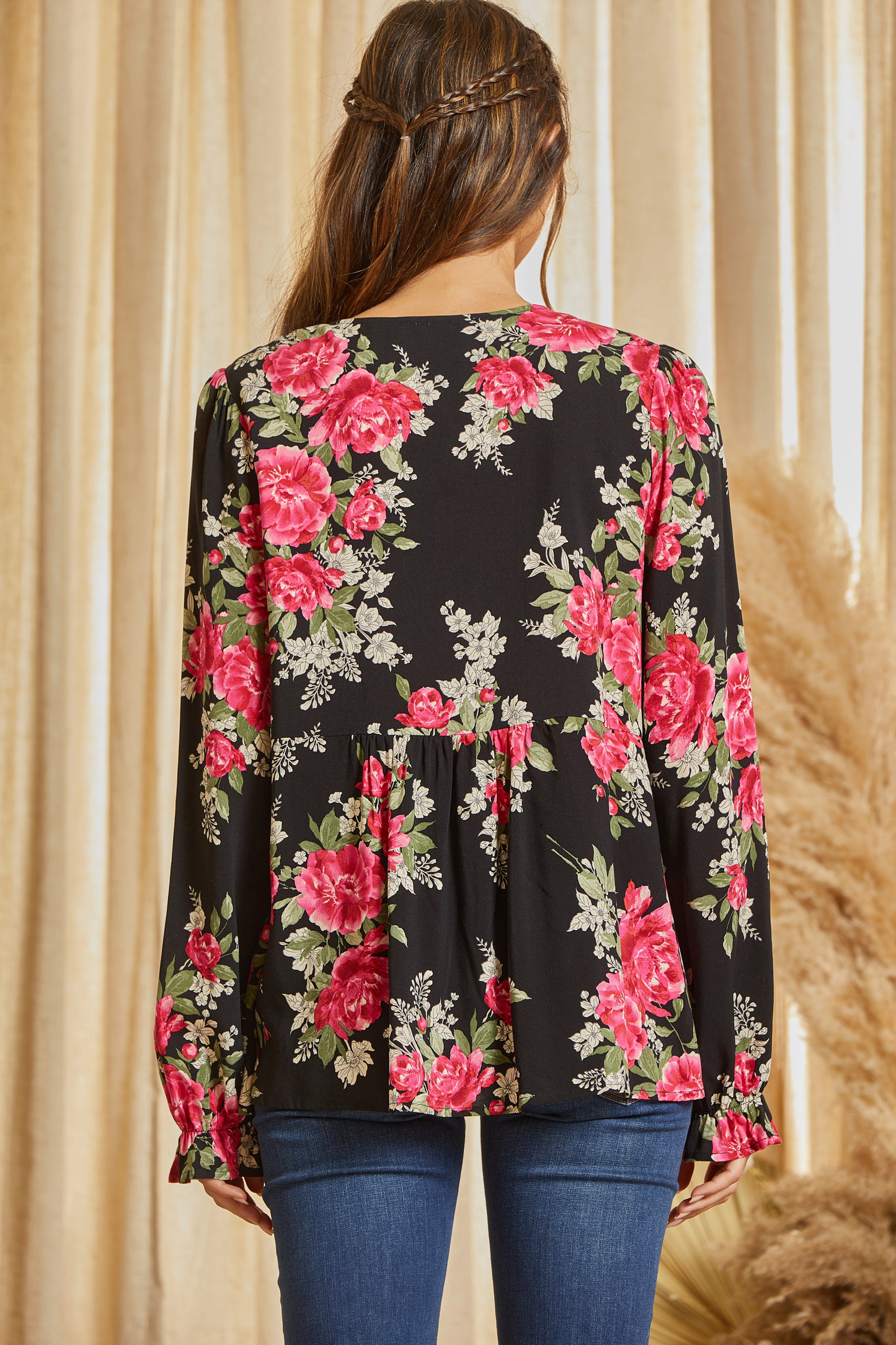 Beautiful Floral Print Babydoll Top - BLACK PINK