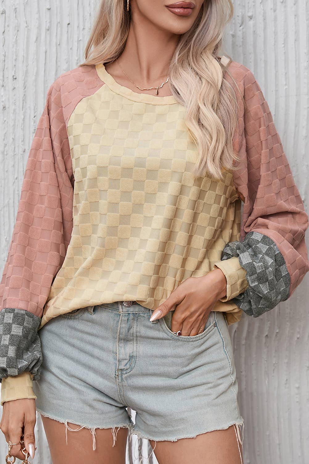 Parchment Patchwork Checked Pattern Lantern Sleeve Top