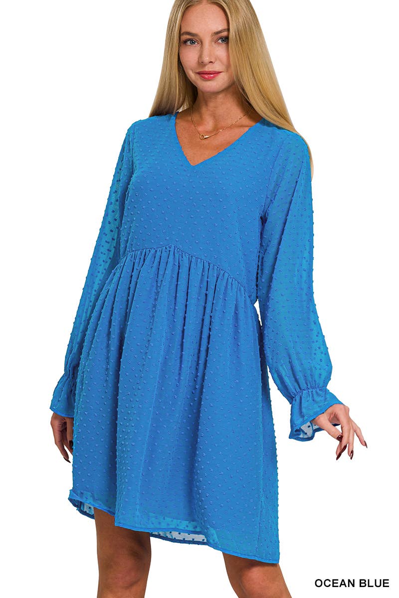 SWISS DOT LONG SLEEVE V-NECK DRESS / BLACK