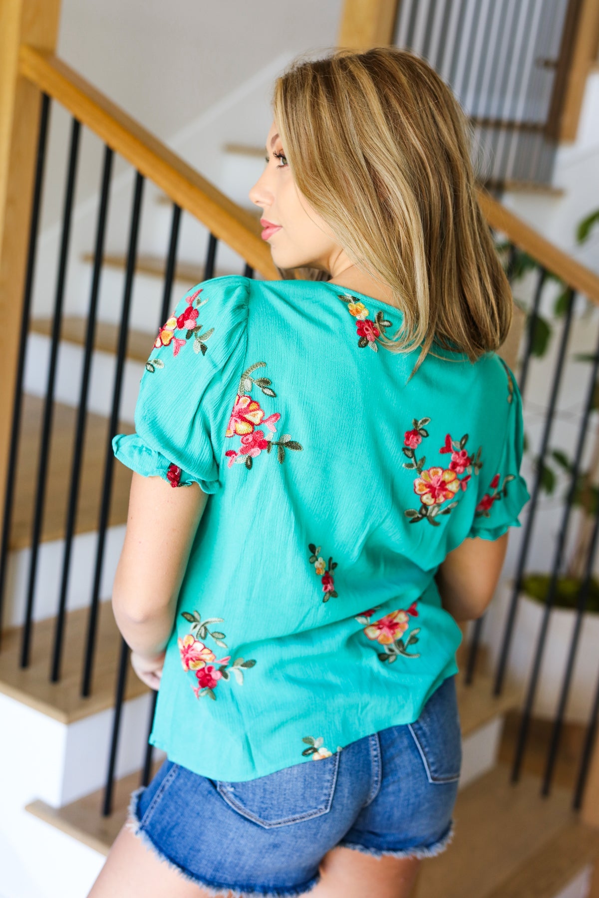 Remember Me Turquoise Floral Embroidery Button Down Top