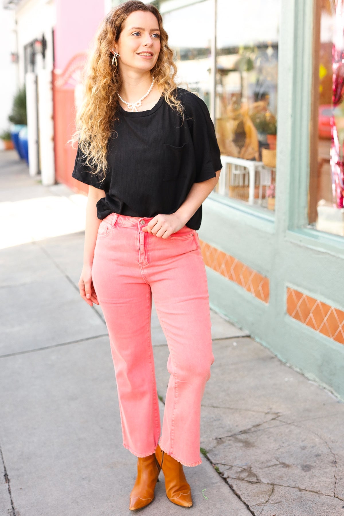 All You Need Ash Pink High Waist Fray Bootcut Jeans