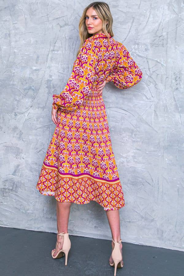 Printed Woven A-line Shirt Dress / MAGENTA