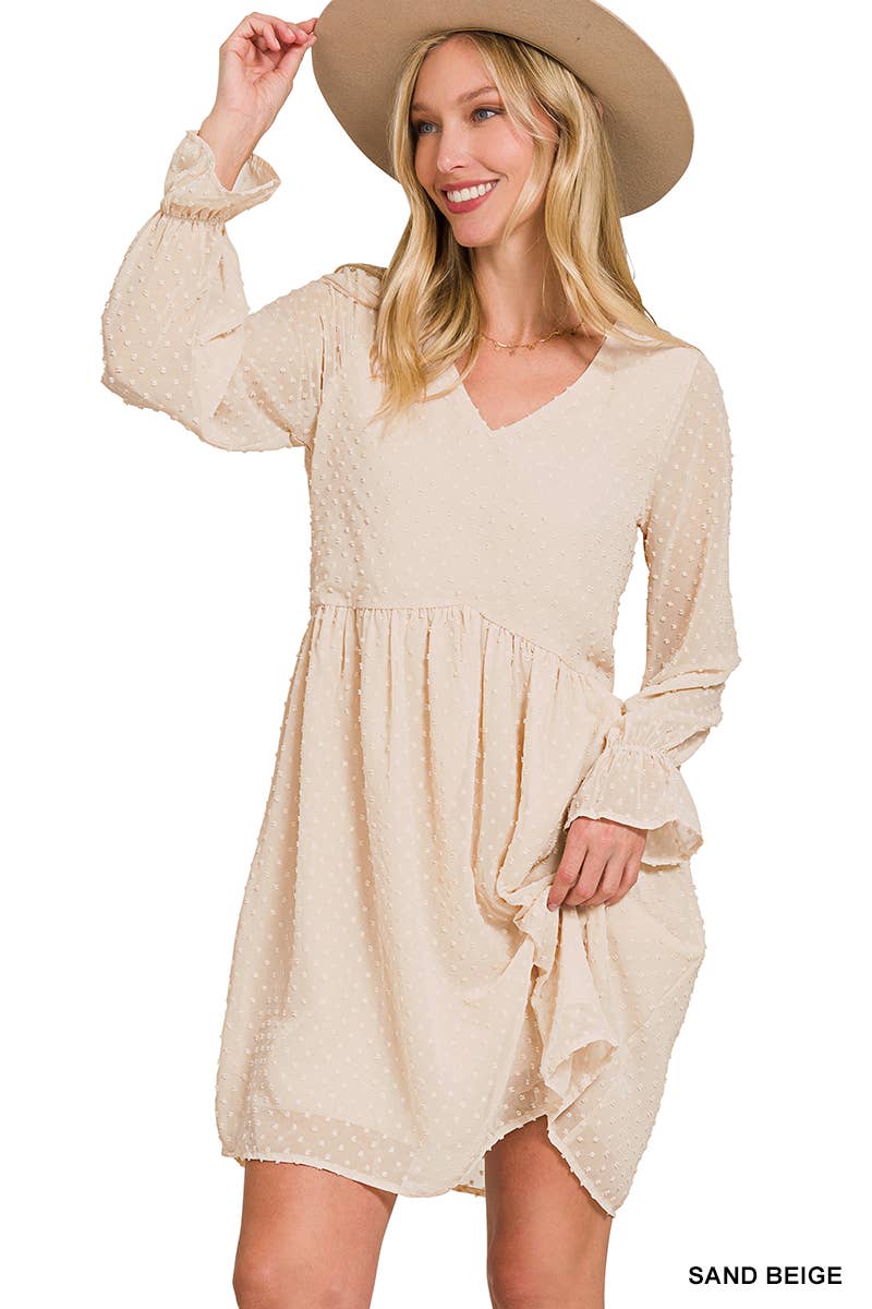 SWISS DOT LONG SLEEVE V-NECK DRESS / BLACK