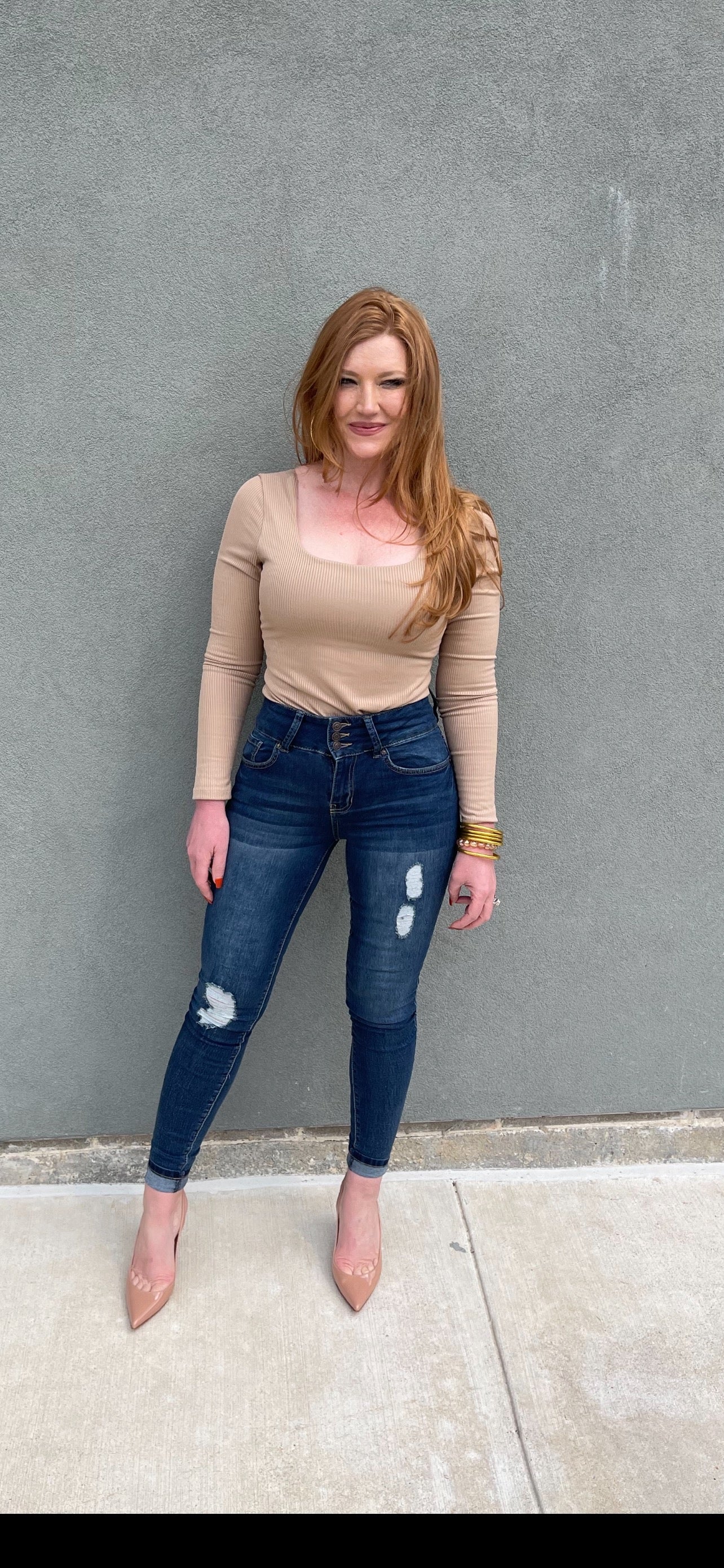 Junior 3 Button High-Rise Skinny Jeans / DKBLU RIP&TEAR S1861