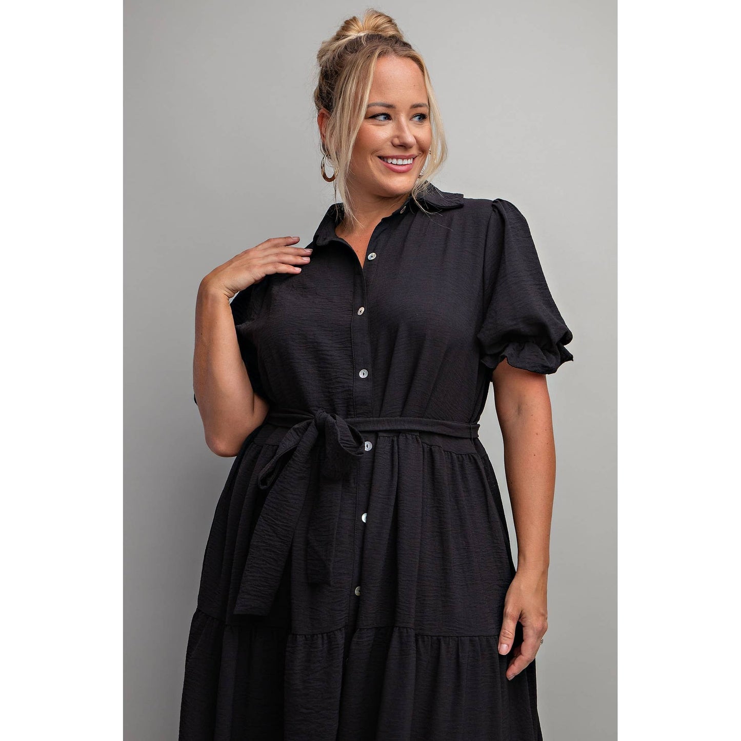 PLUS - BUTTON DOWN MAXI SHIRT DRESS: BLACK