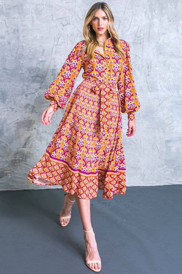 Printed Woven A-line Shirt Dress / MAGENTA