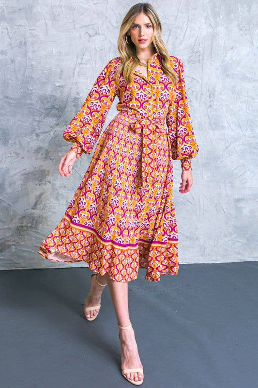 Printed Woven A-line Shirt Dress / MAGENTA