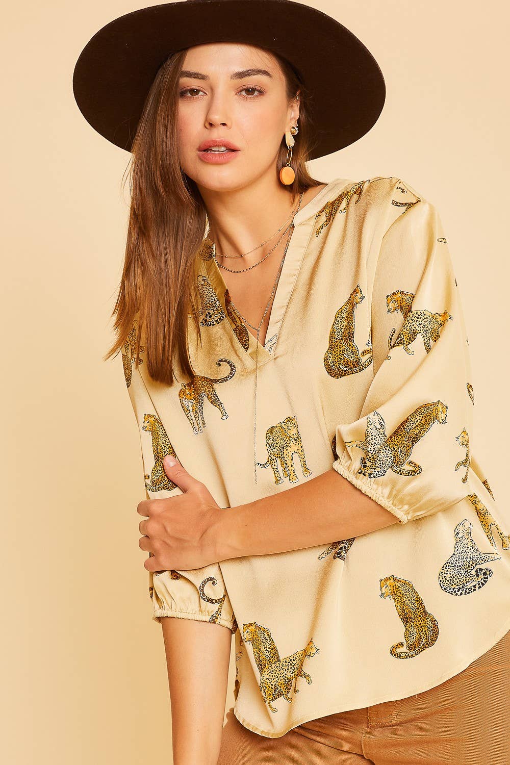 ANIMAL PRINTED V NECK TIE FRONT SATIN BLOUSE TOP / TAUPE