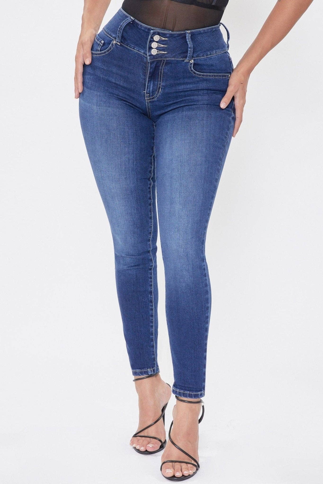 Junior 3 Button High-Rise Skinny Jeans / DKBLU RIP&TEAR S1861