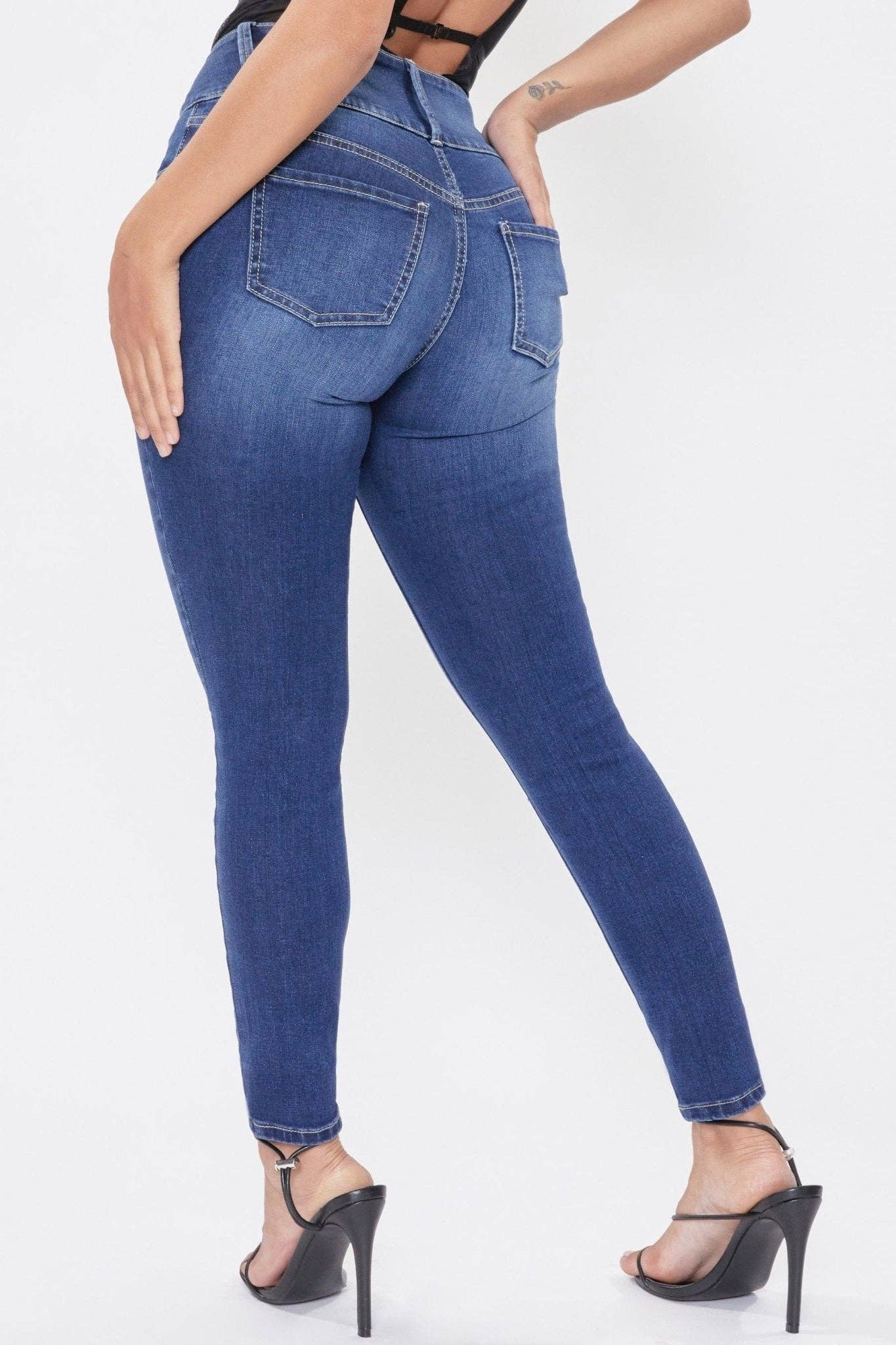Junior 3 Button High-Rise Skinny Jeans / DKBLU RIP&TEAR S1861