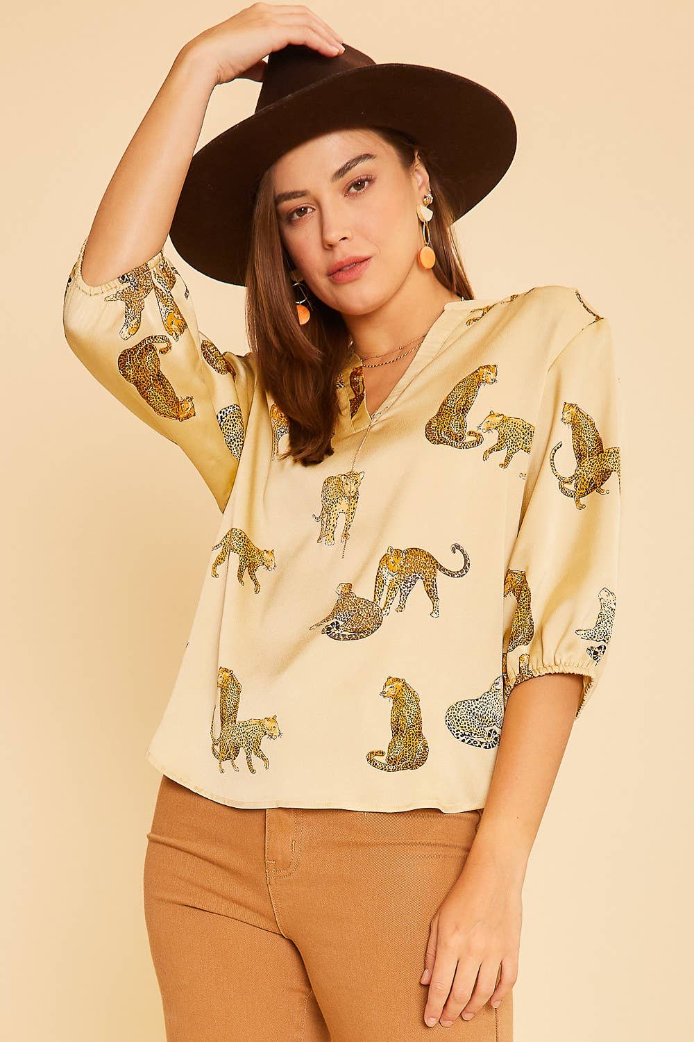 ANIMAL PRINTED V NECK TIE FRONT SATIN BLOUSE TOP / TAUPE