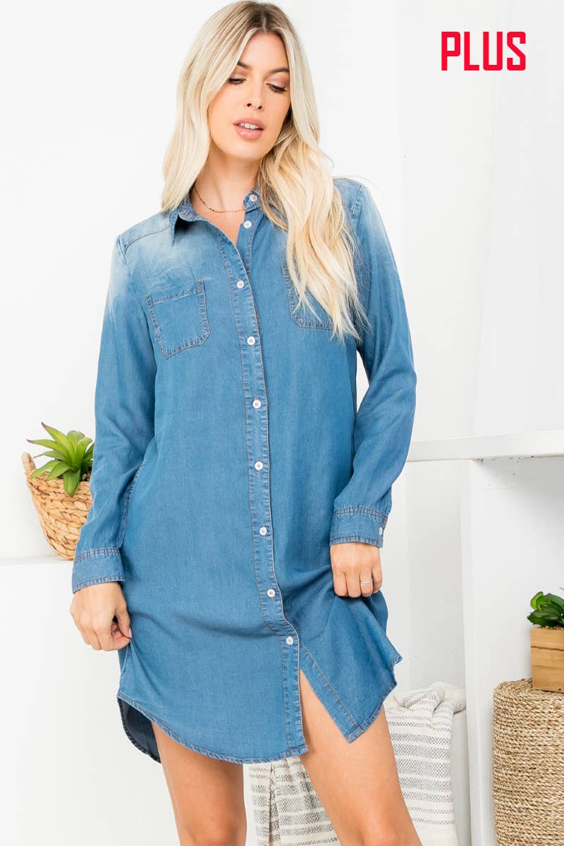 Washed Shirts Denim Plus Size Dress: DENIM