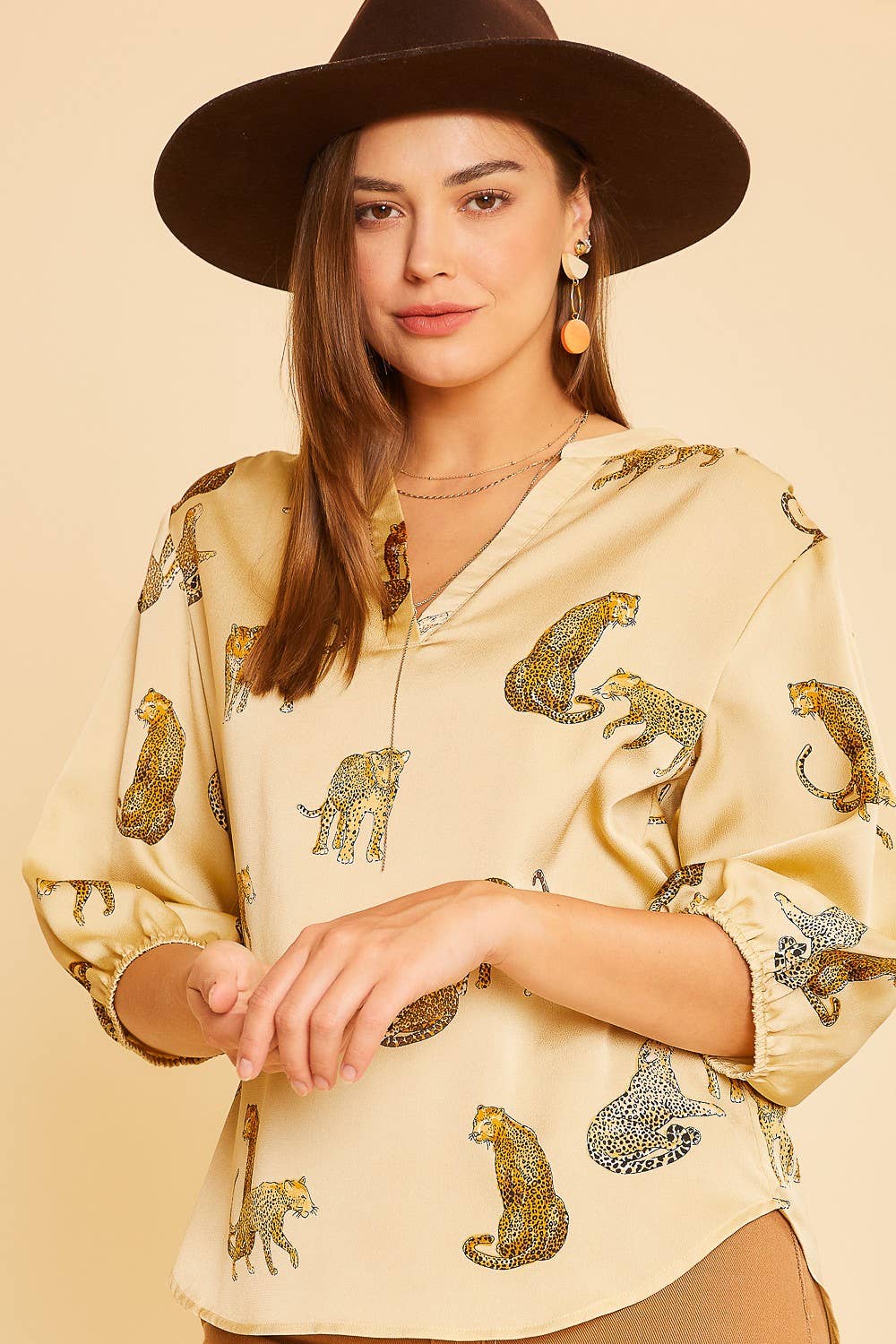 ANIMAL PRINTED V NECK TIE FRONT SATIN BLOUSE TOP / TAUPE