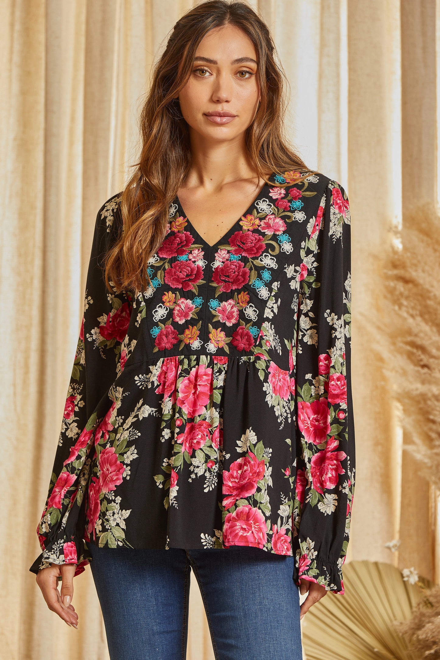 Beautiful Floral Print Babydoll Top - BLACK PINK