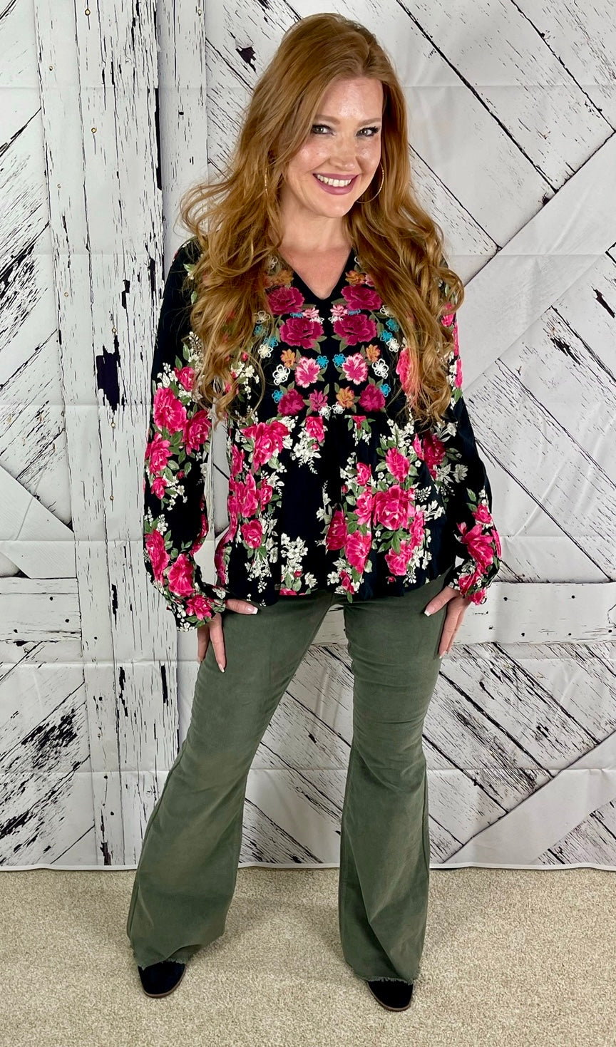 Beautiful Floral Print Babydoll Top - BLACK PINK