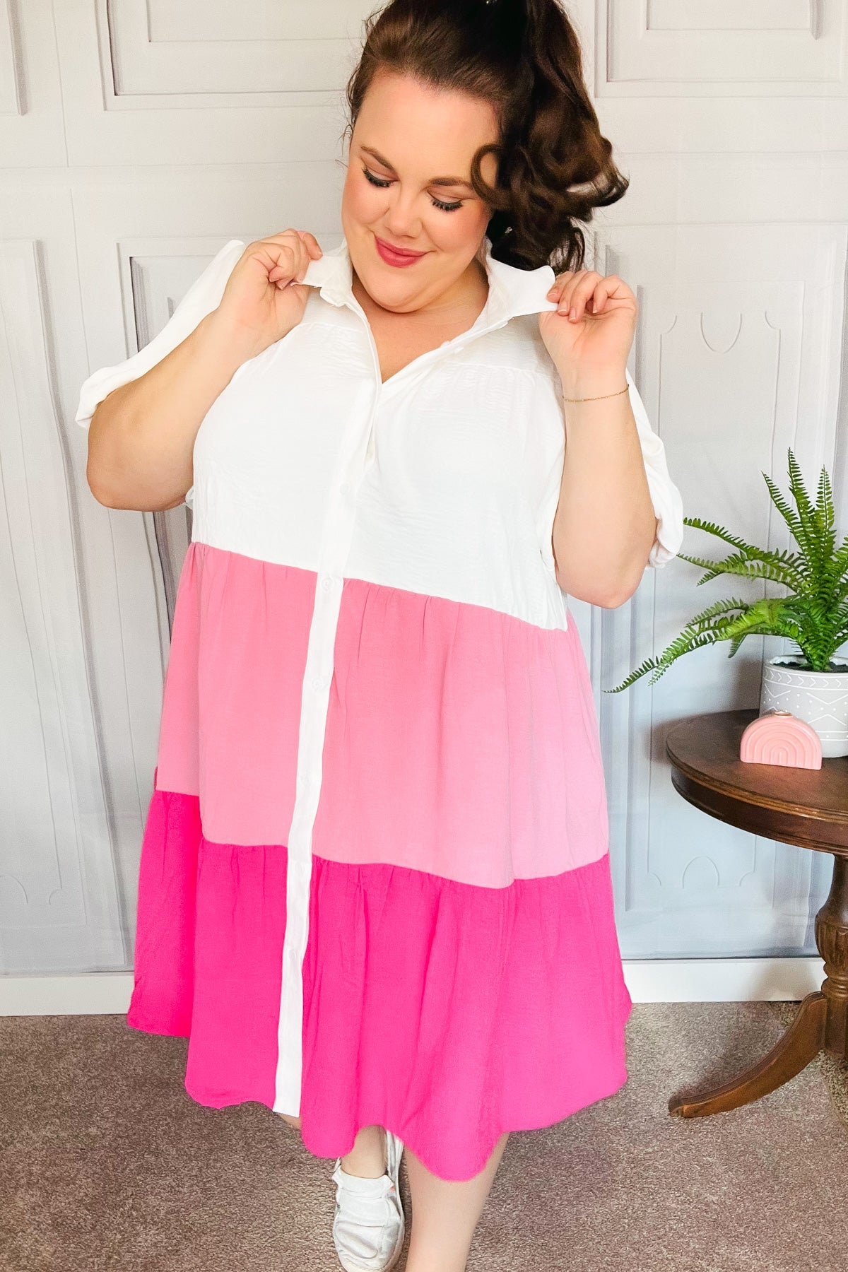 Tell Me More Pink Color Block Collared Button Down Dress