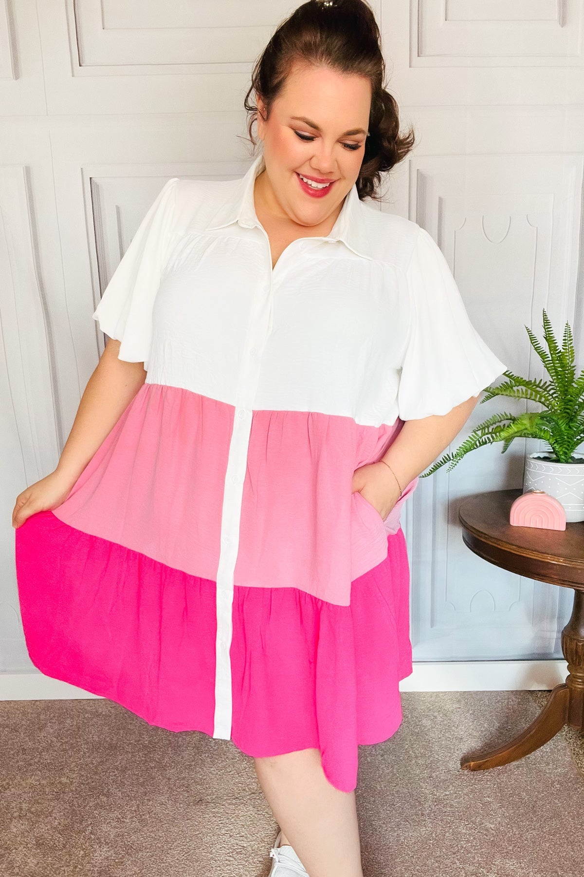 Tell Me More Pink Color Block Collared Button Down Dress
