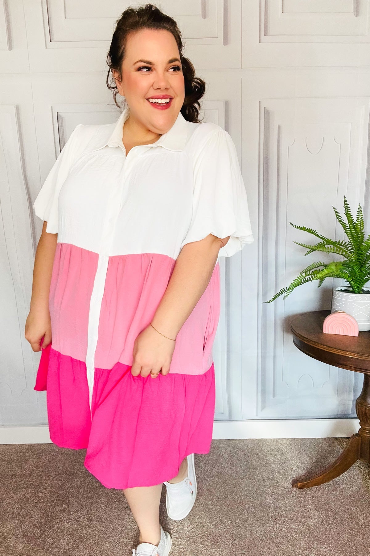 Tell Me More Pink Color Block Collared Button Down Dress