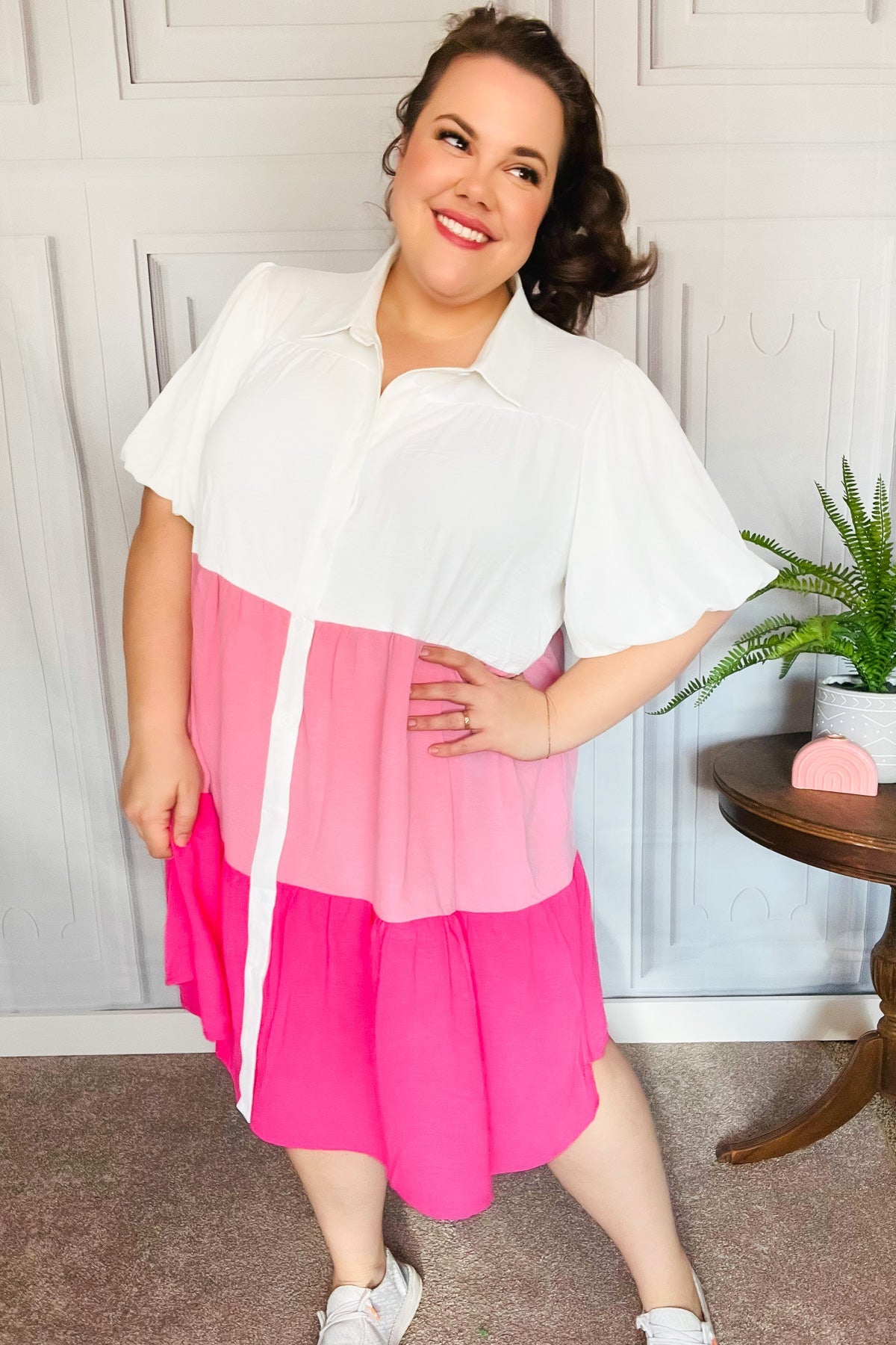 Tell Me More Pink Color Block Collared Button Down Dress