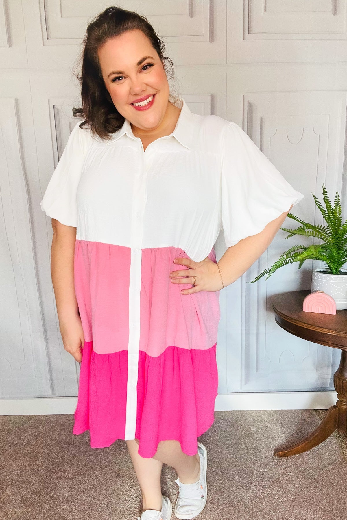 Tell Me More Pink Color Block Collared Button Down Dress