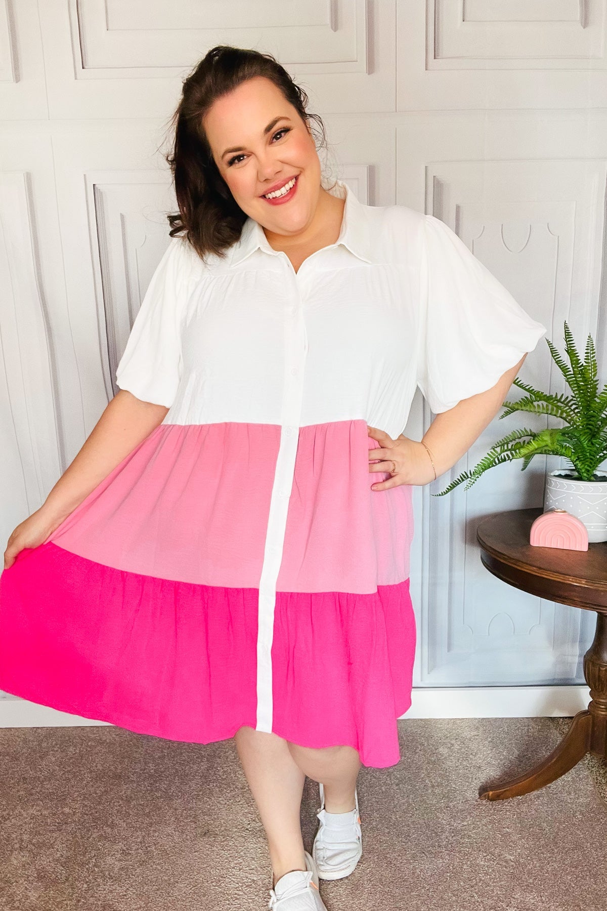 Tell Me More Pink Color Block Collared Button Down Dress